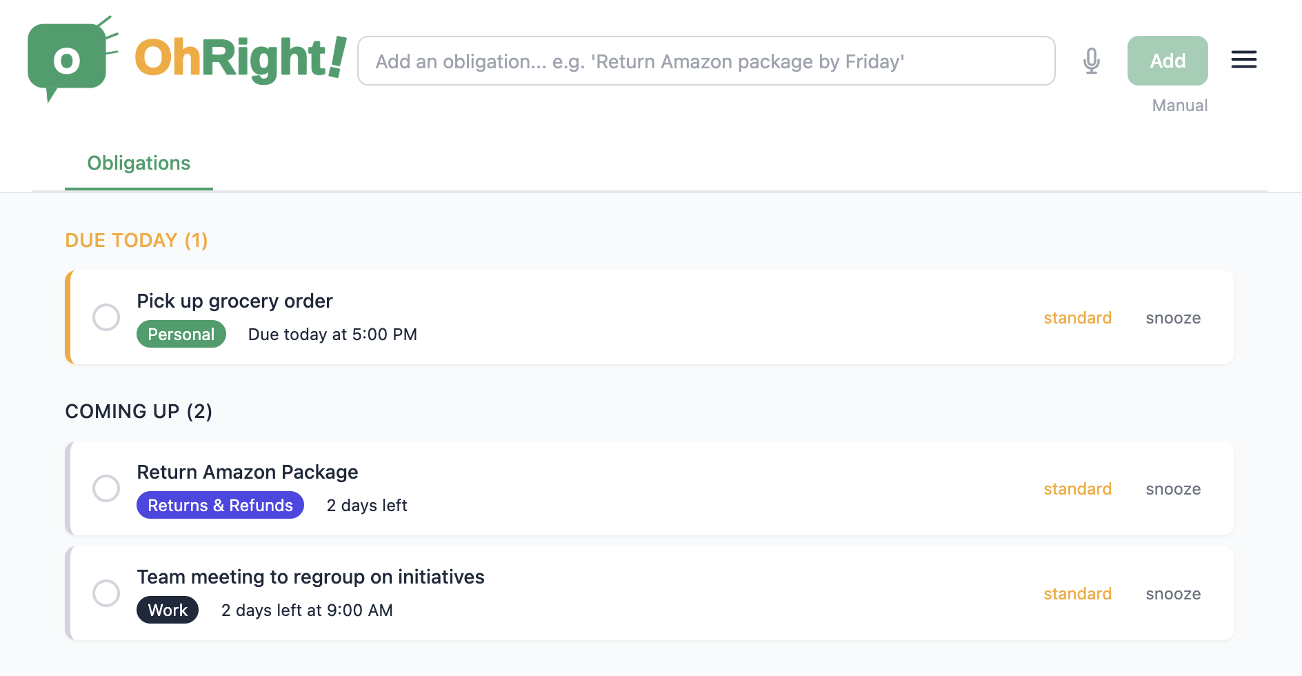 OhRight! dashboard showing upcoming deadlines with color-coded categories